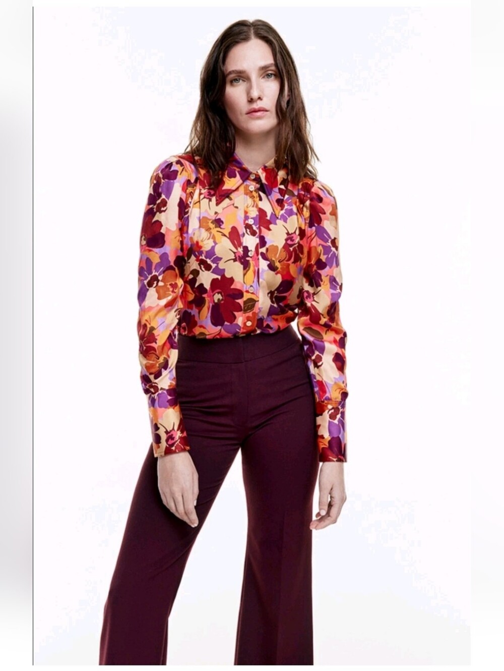 Smythe Floral Satin Button-Up Shirt Size Small